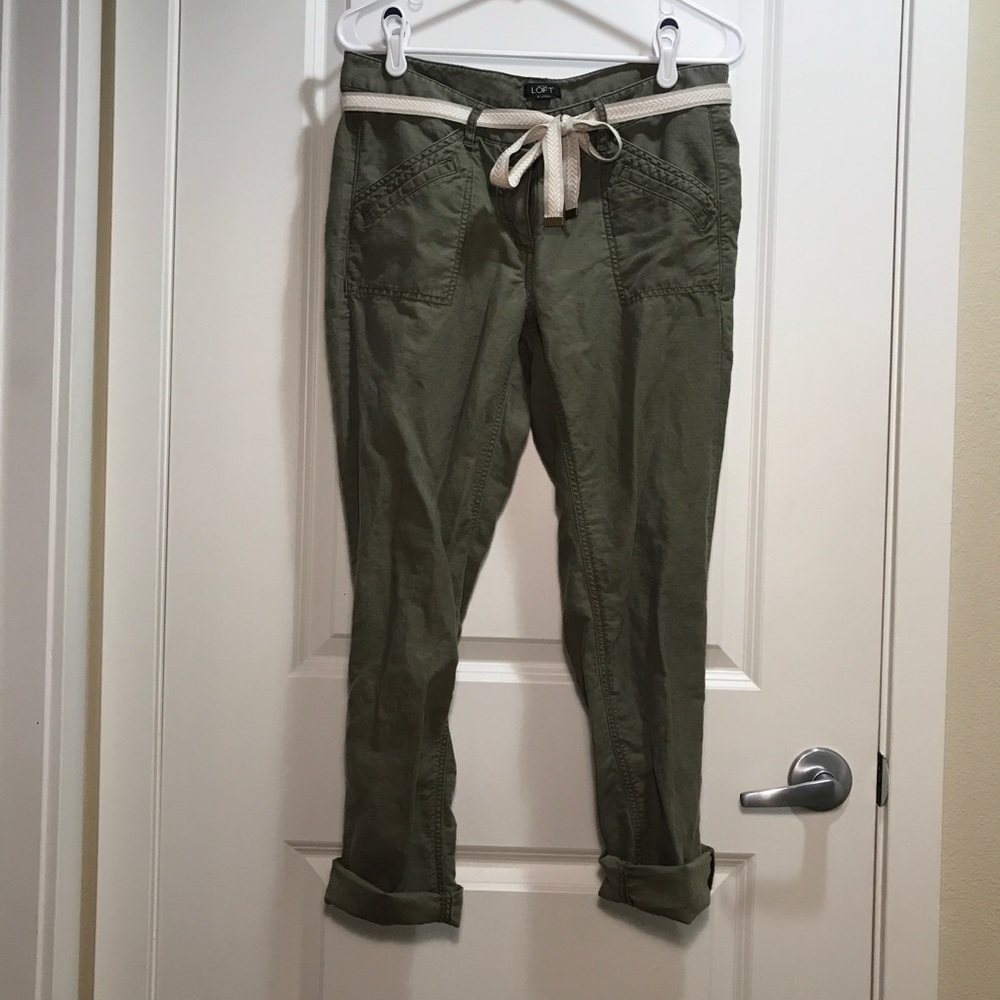 Army Green Linen LOFT Cropped Pants